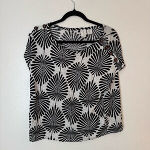 Women’s 100% Linen Black & White Patterned Short Sleeve Top Size Large